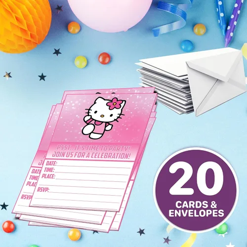 Miniatura 6 de Juego de 20 lindas tarjetas de invitación de cumpleaños con diseño de gatitos rosas y sobres – Ligeras (240g), invitaciones estilo postal