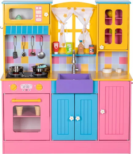 BRINJOY Juego de cocina para niños, cocina de madera para niños con grifo, fregadero, estufa, horno, cortinas, utensilios de cocina, armarios de