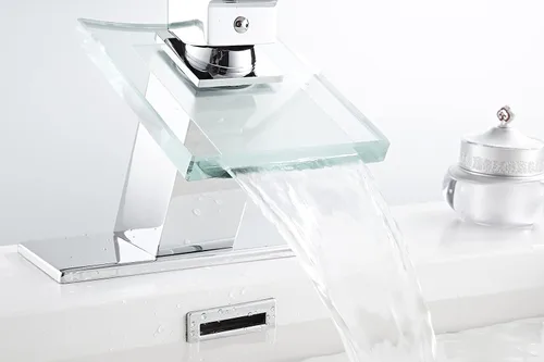 Miniatura 6 de Grifo de baño con salida de agua en cascada, diseño moderno, de un solo mango, un solo agujero, grifo de lavamanos de vidrio, cromado, de latón Cromo