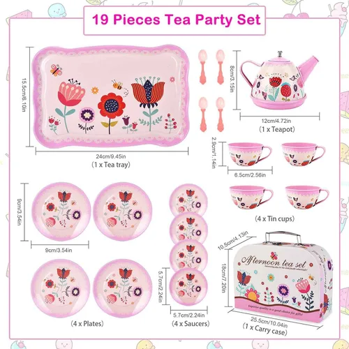 Miniatura 6 de Lajeje Juego de té de simulación para niñas pequeñas de 3 a 8 años, 19 piezas de juguetes de cocina con temática de flores para niños pequeños