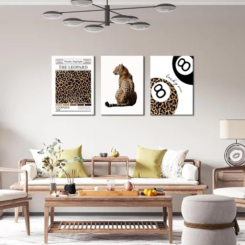 Miniatura 7 de Conjunto de 3 modernos pósteres de pared de leopardo en lona con bola de la suerte número 8, arte de pared elegante, decoraciones de pared