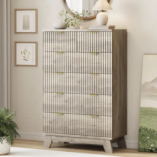Miniatura 29 de Xixini - Cómoda moderna de madera acanalada para dormitorio, sala estar, pasillo o armario, para organizar y almacenar ropa o soporte de TV, 6 Roble
