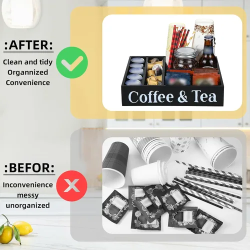 Miniatura 3 de Soaoo Organizador de estación de café, soporte de madera para café y té, accesorios de encimera con 4 divisores extraíbles, organizador