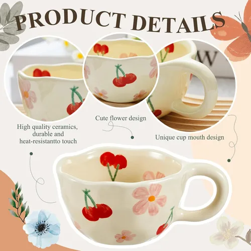 Miniatura 4 de Vesici 1 juego de tazas de café de cerámica con platillo y cuchara, bonitos regalos para el día de la madre para mamá, 8.5 onzas, taza de té floral