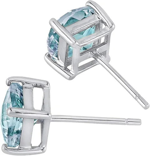 Miniatura 3 de Peora Aretes de tuerca de oro blanco macizo de 14 quilates para mujer, piedra natal de piedras preciosas auténticas, hipoalergénicos, corte de cojín