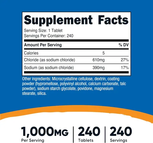 Miniatura 2 de Nutricost Cloruro de sodio 1000 mg, 240 tabletas - Tabletas de sal, sin OMG, sin gluten
