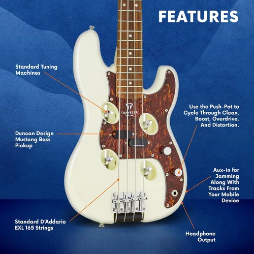 Miniatura 3 de Traveler Guitar TB-4P Pearl White Bass Guitarra de viaje con entrada auxiliar Bajo de 4 cuerdas con 22 trastes jumbo Bajo eléctrico portátil