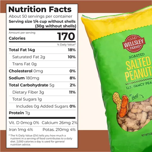 Miniatura 2 de Wellsley Farms Cacahuetes tostados salados con cáscara, cultivados en Estados Unidos, sin OMG, sin gluten, vegano, sin colesterol, aperitivo