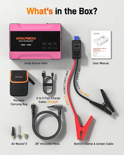 Miniatura 9 de WOLFBOX Arrancador de salto de 2000 A con compresor de aire, 37 Wh para batería de automóvil portátil (hasta motor de gas de 5 litros), paquete
