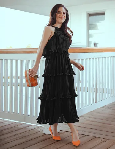 Miniatura 5 de Zesica Vestido de verano sin mangas, con cuello halter y volantes escalonados, de gasa, con vuelo, largo por debajo de la rodilla