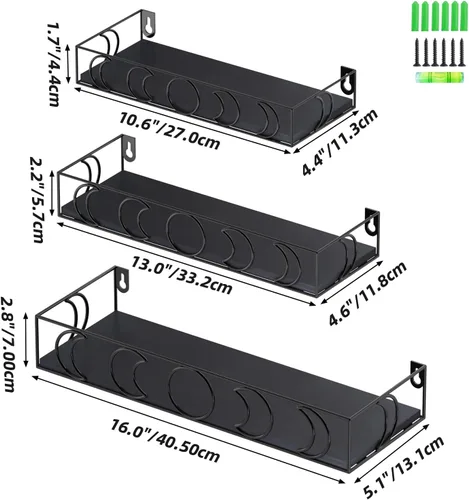 Miniatura 3 de Estantes de Pared con Fases Lunares Negros, Paquete de 3 Estantes Flotantes Pequeños para Libros y Plantas para Dormitorio, Habitación Infantil