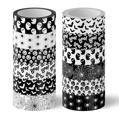 Whaline 12 rollos de cintas Washi de Halloween, color blanco y negro, fantasma, murciélago, araña, calabaza, Washi, cinta adhesiva de 0.591 in de