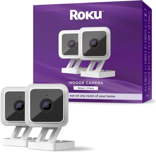 Roku Cámara interior para seguridad del hogar, paquete de 2 cámaras de seguridad con cable con visión nocturna a color HD de 1080p, funciona con