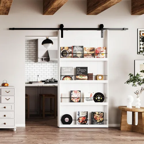 Miniatura 14 de BARNER HOME Puerta corrediza de granero de 30" x 84", puerta de granero estilo estante con kit de herrajes de 6 pies, hecha de MDF imprimado