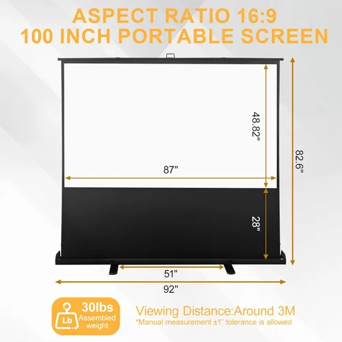 Miniatura 5 de LIHONG Pantalla de 100 pulgadas 16:9 portátil manual para levantar el piso, pantalla de proyector para interiores y exteriores, HD blanco mate