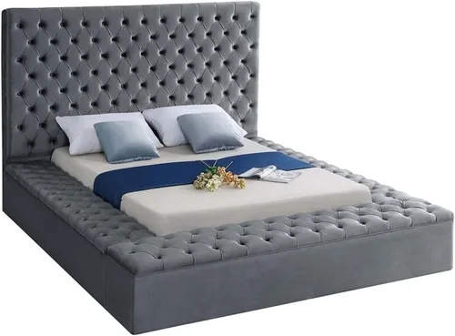 Miniatura 8 de Colección moderna Meridian Furniture Bliss, cama tapizada de terciopelo contemporánea con acolchado de botón profundo y compartimentos de Negro