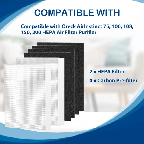 Miniatura 5 de Filtro HEPA Air108 de repuesto compatible con purificadores de aire Oreck AirInstinct 75, 100, 108, 150, 200, incluyendo 2 filtros HEPA Ture y 4