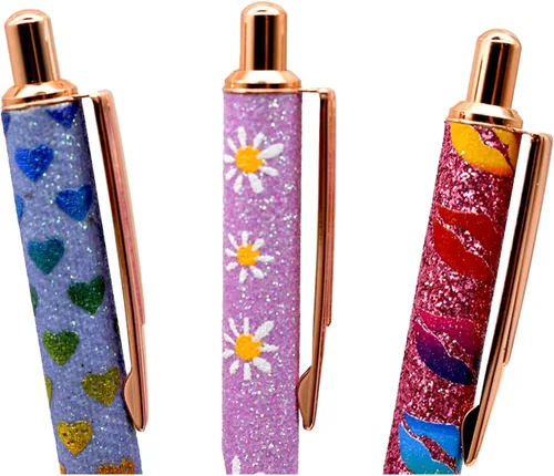 Miniatura 5 de 9 bolígrafos de corazón con purpurina brillante, de metal, margaritas, bolígrafos retráctiles, con estampado de labios, para bodas, mujeres, damas