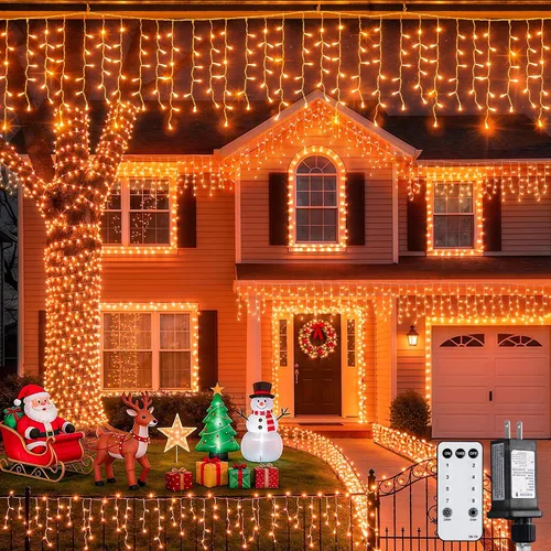Miniatura 17 de JMEXSUSS 400 luces LED de Navidad de carámbano de 38.8 pies con control remoto, tira de luces multicolor para exteriores enchufables, 8 modos