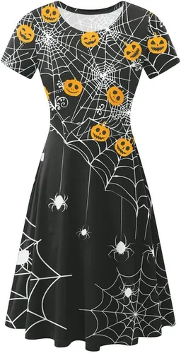 Vestido de Halloween para mujer, manga corta, estampado vintage, vestidos de fiesta en línea A