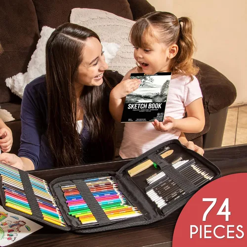 Miniatura 3 de Zenacolor Paquete de 74 kits de dibujo con lápices de dibujo, juego de dibujo para bocetos, suministros de arte de bocetos profesionales