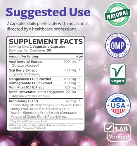 Miniatura 4 de Suplemento súper antioxidante, potente mezcla diaria de antioxidantes súper alimentos, bayas de acai, goji, granada y resveratrol trans, fórmula