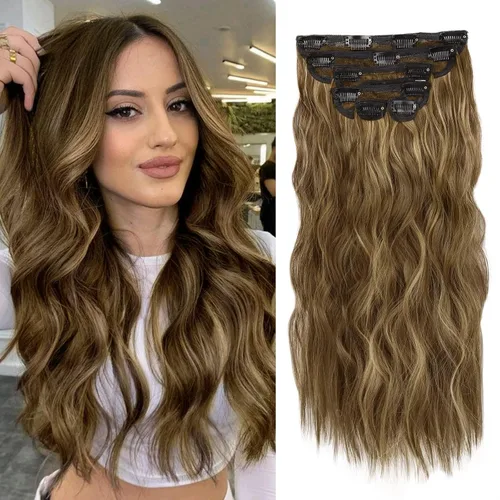 Miniatura 19 de WECAN Extensión de cabello con clip, de 20 pulgadas, mezcla de rubio ceniza y rubio decolorado, 6 piezas, extensiones de cabello largo ondulado