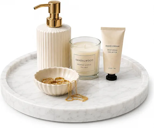 Miniatura 9 de Bandeja de tocador de mármol natural para baño, cocina, tocador, bandejas decorativas de piedra travertino para joyas, perfume, cosméticos, velas