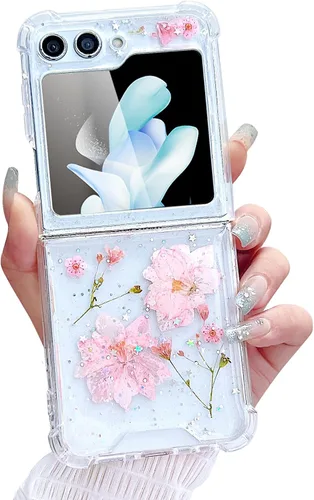 Miniatura 25 de Compatible con Samsung Galaxy Flip 4, funda transparente con flores secas prensadas, para mujeres y niñas, TPU suave a prueba de golpes, funda
