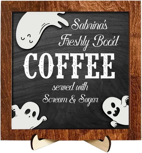 Miniatura 11 de Letrero personalizado de Freshly Boo D Coffee para Halloween, lindo letrero de madera de fantasma, letrero de boo, letrero divertido de Halloween