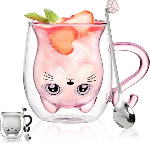 Miniatura 17 de Binoster Tazas Lindas de Oso Kawaii de Vidrio de Doble Pared para Café y Té, Taza de Yogur Divertida, Regalo Novedoso para Mujeres, Sus Amigas