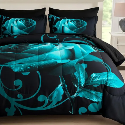 Miniatura 12 de WONGS BEDDING - Juego de edredón azul tamaño Queen de 7 piezas, juego de ropa de cama en una bolsa con patrón de rosas, juegos de ropa de cama