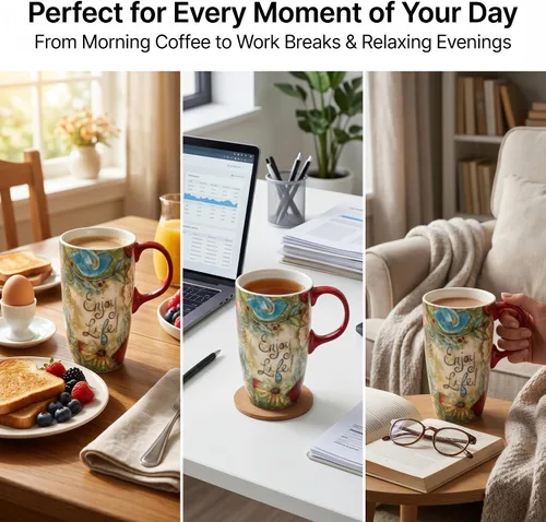 Miniatura 5 de CEDAR HOME Taza de Café de Cerámica de Porcelana con Tapa para Lata de Té 17oz. Disfruta de la Vida