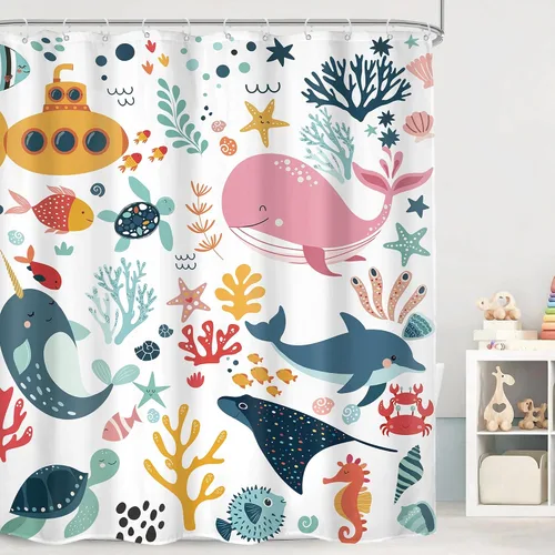Miniatura 15 de Cortina de ducha para niños, océano, verano, linda ballena de dibujos animados, divertida decoración de baño para guardería, niños y niñas