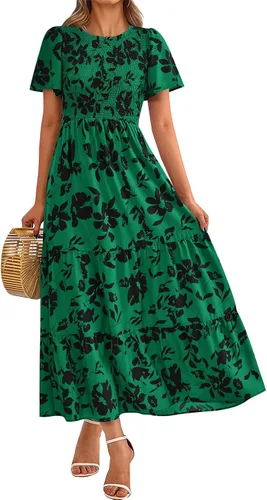 Miniatura 25 de PRETTYGARDEN - Vestido largo casual de verano para mujer, manga corta acampanada, bohemio, floral, cuello redondo, vestido blusón, escalonado