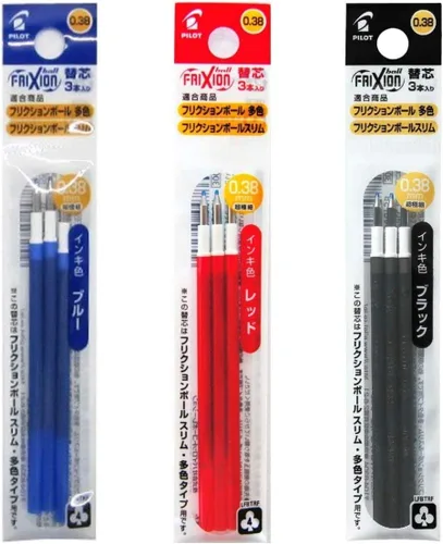 Pilot FriXion - Recambios de bola para 3 bolígrafos de tinta de gel y bolígrafo Slim 038, 0.015 in, tinta negra/azul/roja, 3 paquetes (9 repuestos)