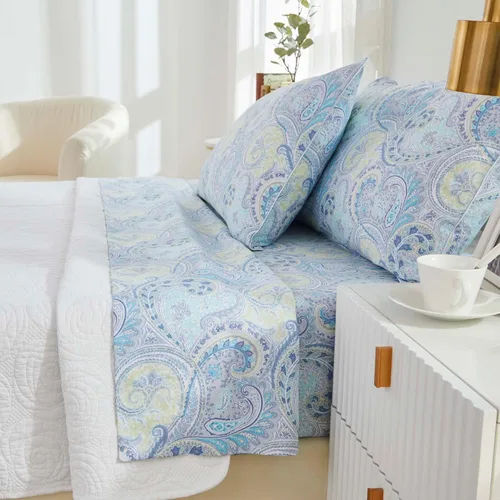 Miniatura 6 de Brandream Juego de sábanas tamaño King con estampado floral lujoso estilo bohemio con medallón azul y estampado de cachemira, colección de ropa