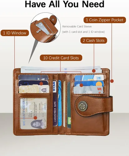 Miniatura 9 de BOSTANTEN - Billeteras de piel para mujer, con bloqueo RFID, con cremallera y bolsillo, billetera pequeña de dos cuerpos, con tarjetero