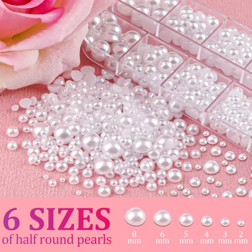 Miniatura 2 de Kit de 2700 perlas con parte trasera plana, 1 caja de color blanco con parte trasera plana + 1 caja de perlas pequeñas de color beige medio redondo