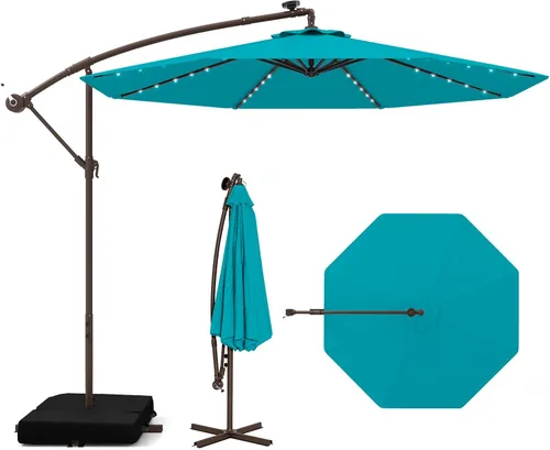 Miniatura 14 de Tangkula Sombrilla de patio de 10 pies con base incluida, sombrilla voladiza para exteriores con 40 luces LED solares, ajuste de inclinación, mango