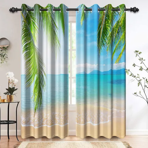 Miniatura 20 de Renaiss Cortinas opacas con diseño de mar tropical, nublado, cielo azul y verde azulado, estrella de mar transparente en playa arenosa, sala