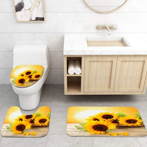 Miniatura 5 de Britimes Juego de cortinas de ducha de 4 piezas, con 12 ganchos, girasol de sol de verano con alfombras antideslizantes, cubierta de tapa de inodoro