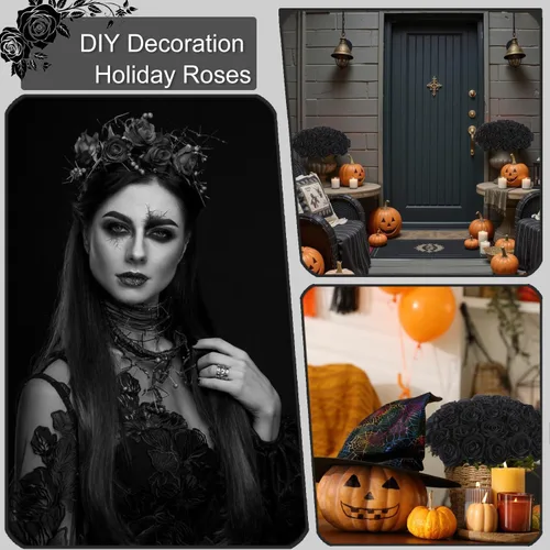 Miniatura 4 de 12 rosas artificiales de terciopelo sintético para decoración del hogar y boda (rosa perla, negro)