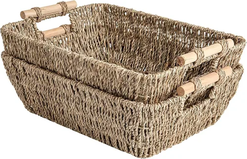 StorageWorks Cestas de almacenamiento grandes tejidas a mano con asas de madera, cestas de mimbre de hierba marina para organizar, paquete de 2