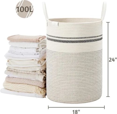 Miniatura 5 de VIPOSCO Cesta alta para ropa sucia, cesta grande para ropa sucia con mango de cuero, cesta de almacenamiento de cuerda tejida para manta, juguete