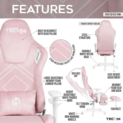 Miniatura 4 de Techni Sport Silla para juegos de terciopelo rosa con reposapiés