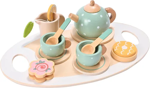 15 piezas de juego de té de madera para niñas pequeñas, MONT PLEASANT juguetes de madera, juego de té para niños pequeños, accesorios de cocina de
