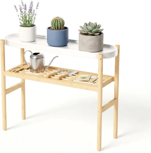 APRTAT Soporte de bambú para plantas de interior, soporte de almacenamiento de plantas de 2 niveles de altura para múltiples plantas, estante para