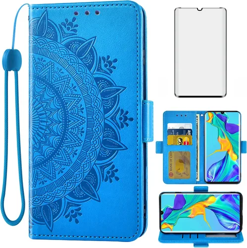 Asuwish Compatible con Huawei P30 Pro - Funda tipo cartera de vidrio templado, protector de pantalla con tarjetero, accesorios para monedero, correa