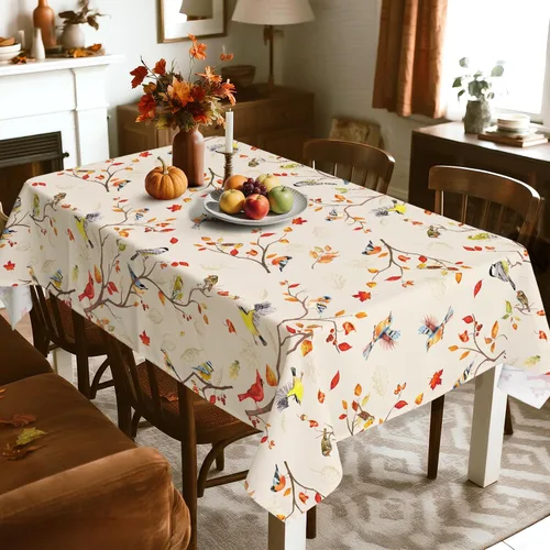 Miniatura 2 de Mantel rectangular de ramas de pájaros de otoño impermeable, mantel de hojas de arce resistente a las manchas, mantel lavable para decoración